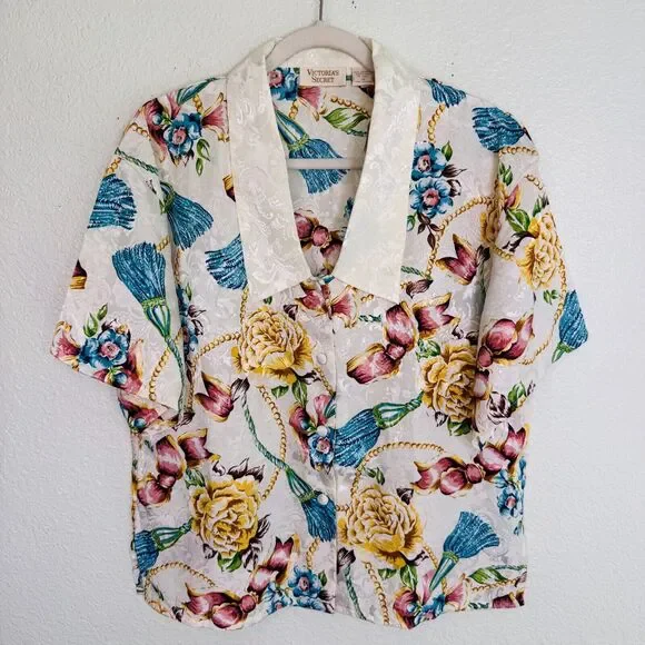 Vintage Victorias Secret Top Womens Medium Floral Bow Print 80s 90s Gold Label - Picture 1 of 9